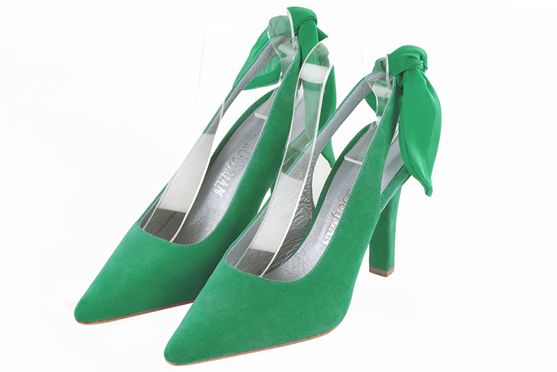 Emerald green women's slingback shoes. Pointed toe. High slim heel. Front view - Florence KOOIJMAN